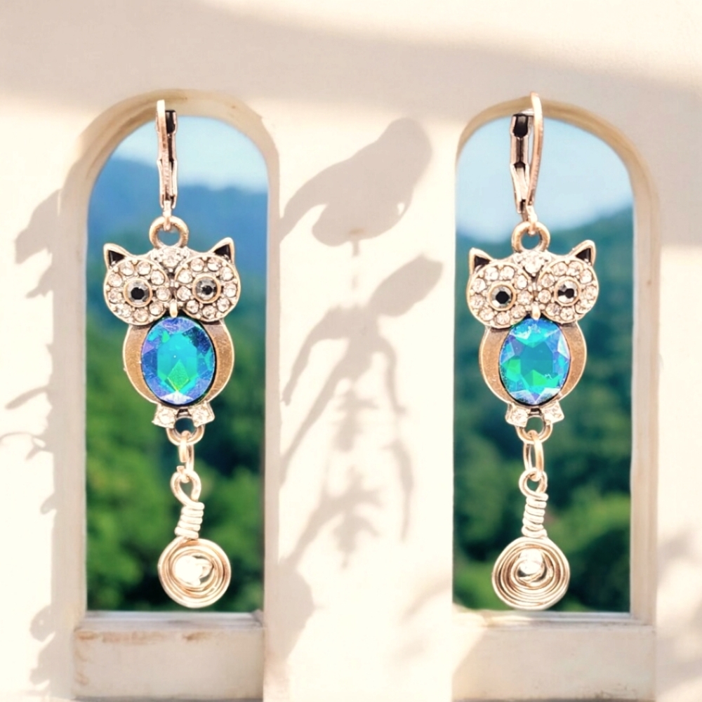 Handmade Blue and Antique Brass Wise Owl Dangle Earrings